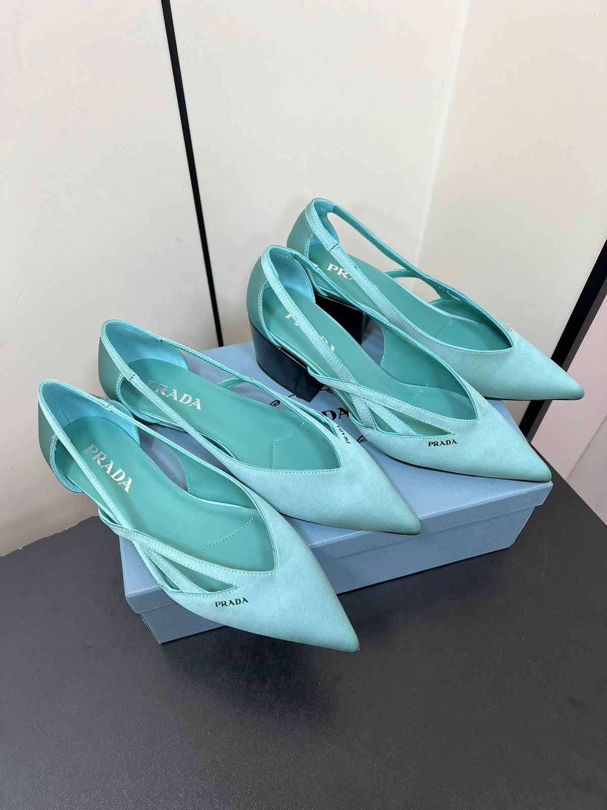 PRADA CUT-OUT BALLERINAS IN TURQUOISE BLUE SATIN