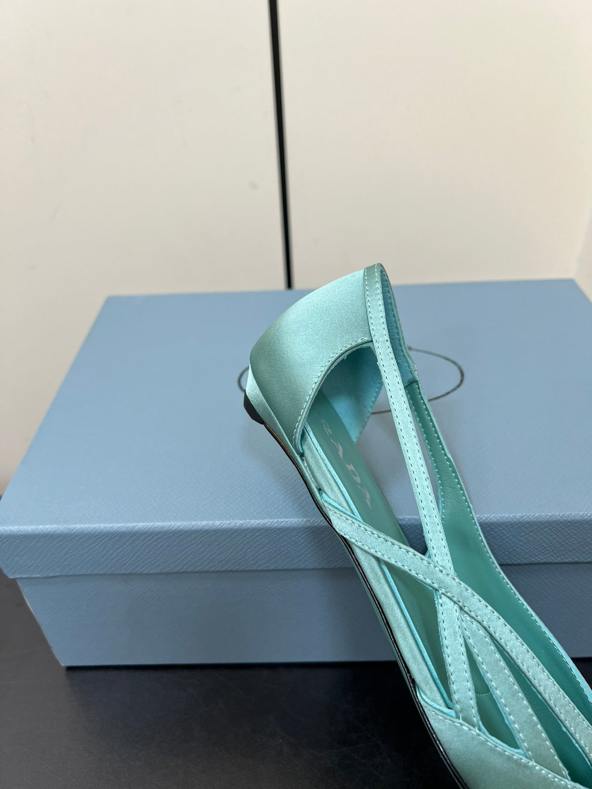 PRADA CUT-OUT BALLERINAS IN TURQUOISE BLUE SATIN
