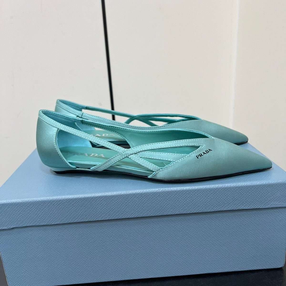 PRADA CUT-OUT BALLERINAS IN TURQUOISE BLUE SATIN