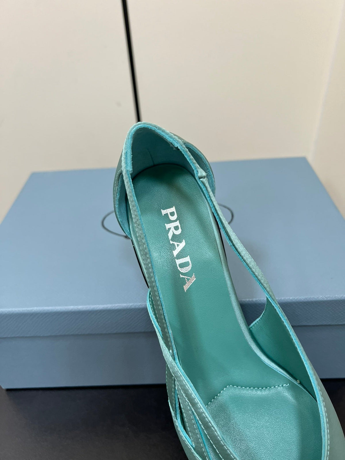 PRADA CUT-OUT BALLERINAS IN TURQUOISE BLUE SATIN