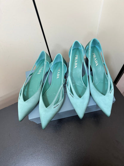 PRADA CUT-OUT BALLERINAS IN TURQUOISE BLUE SATIN