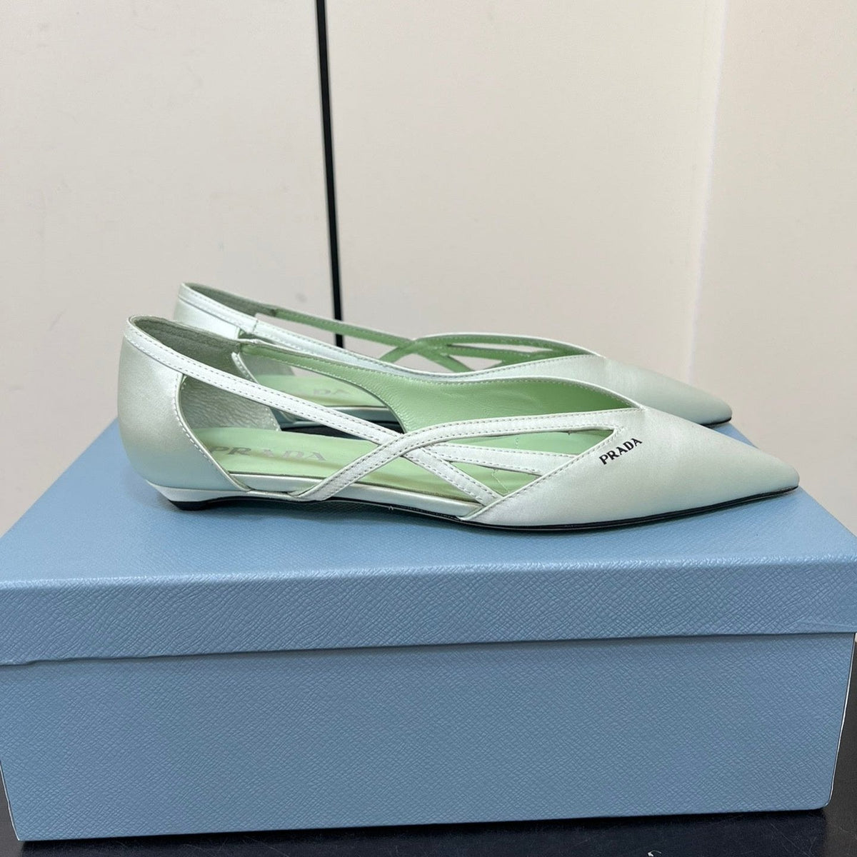 PRADA CUT-OUT BALLERINAS IN CHETWODE GREEN SATIN