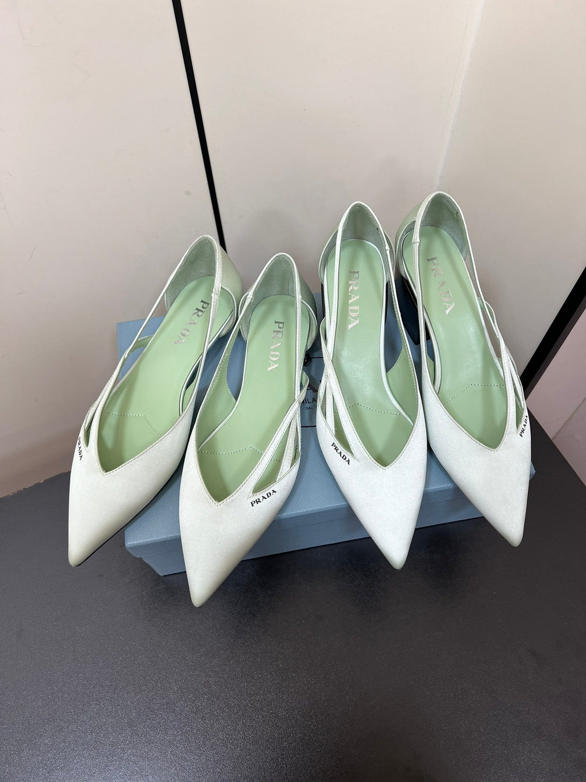 PRADA CUT-OUT BALLERINAS IN CHETWODE GREEN SATIN