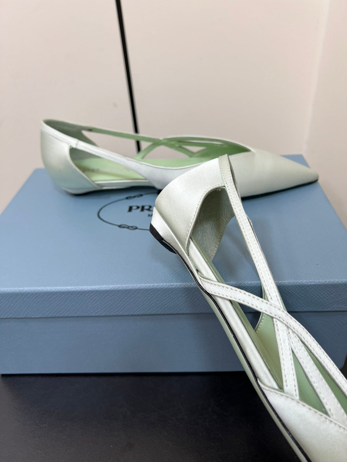 PRADA CUT-OUT BALLERINAS IN CHETWODE GREEN SATIN