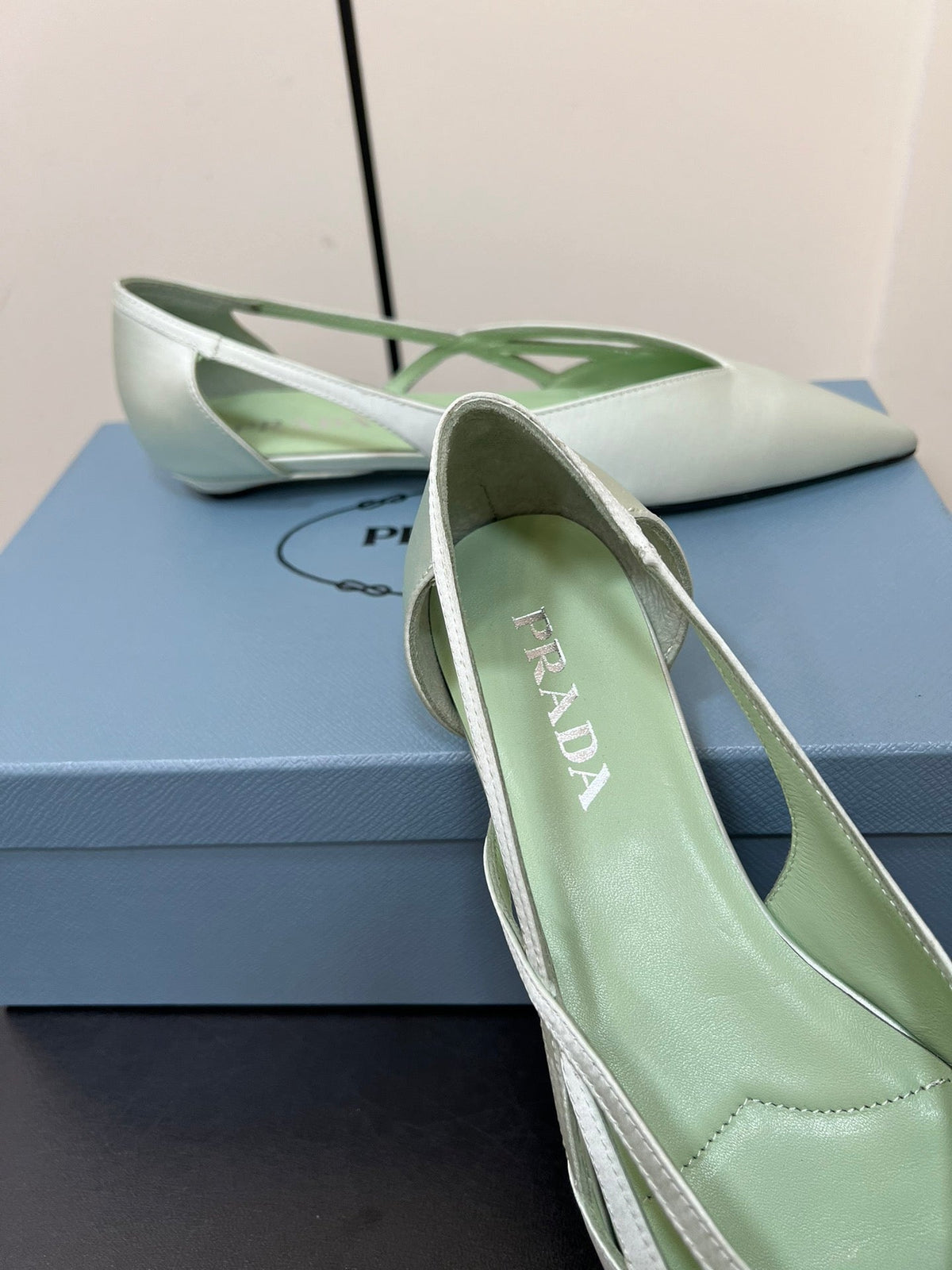 PRADA CUT-OUT BALLERINAS IN CHETWODE GREEN SATIN