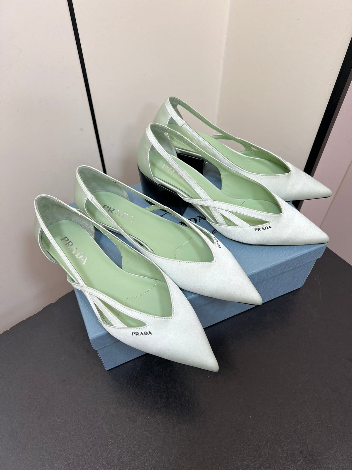 PRADA CUT-OUT BALLERINAS IN CHETWODE GREEN SATIN