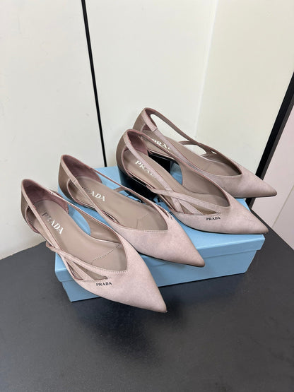 PRADA CUT-OUT BALLERINAS IN HAZELNUT BEIGE SATIN