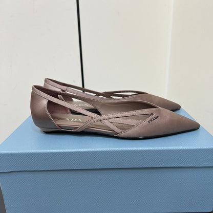 PRADA CUT-OUT BALLERINAS IN HAZELNUT BEIGE SATIN