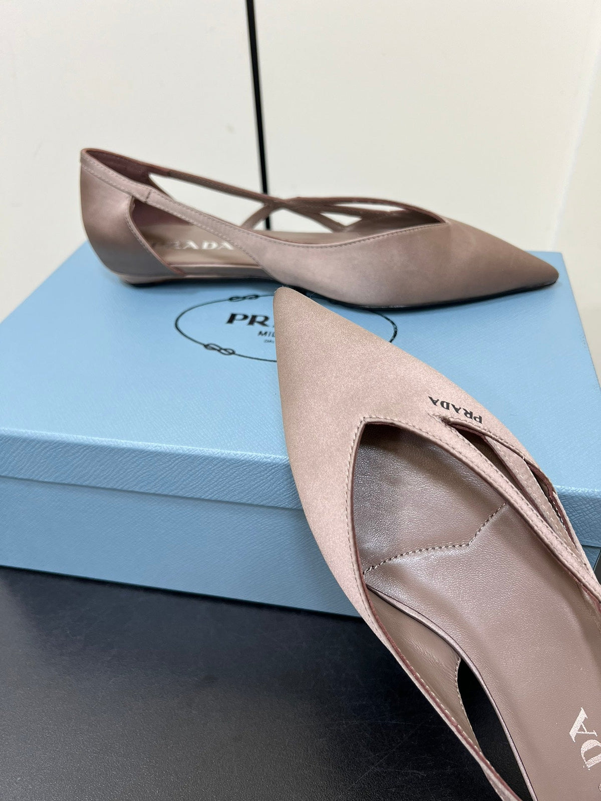 PRADA CUT-OUT BALLERINAS IN HAZELNUT BEIGE SATIN