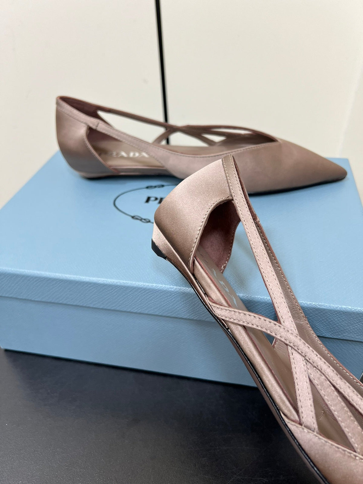 PRADA CUT-OUT BALLERINAS IN HAZELNUT BEIGE SATIN