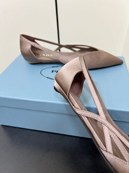 PRADA CUT-OUT BALLERINAS IN HAZELNUT BEIGE SATIN