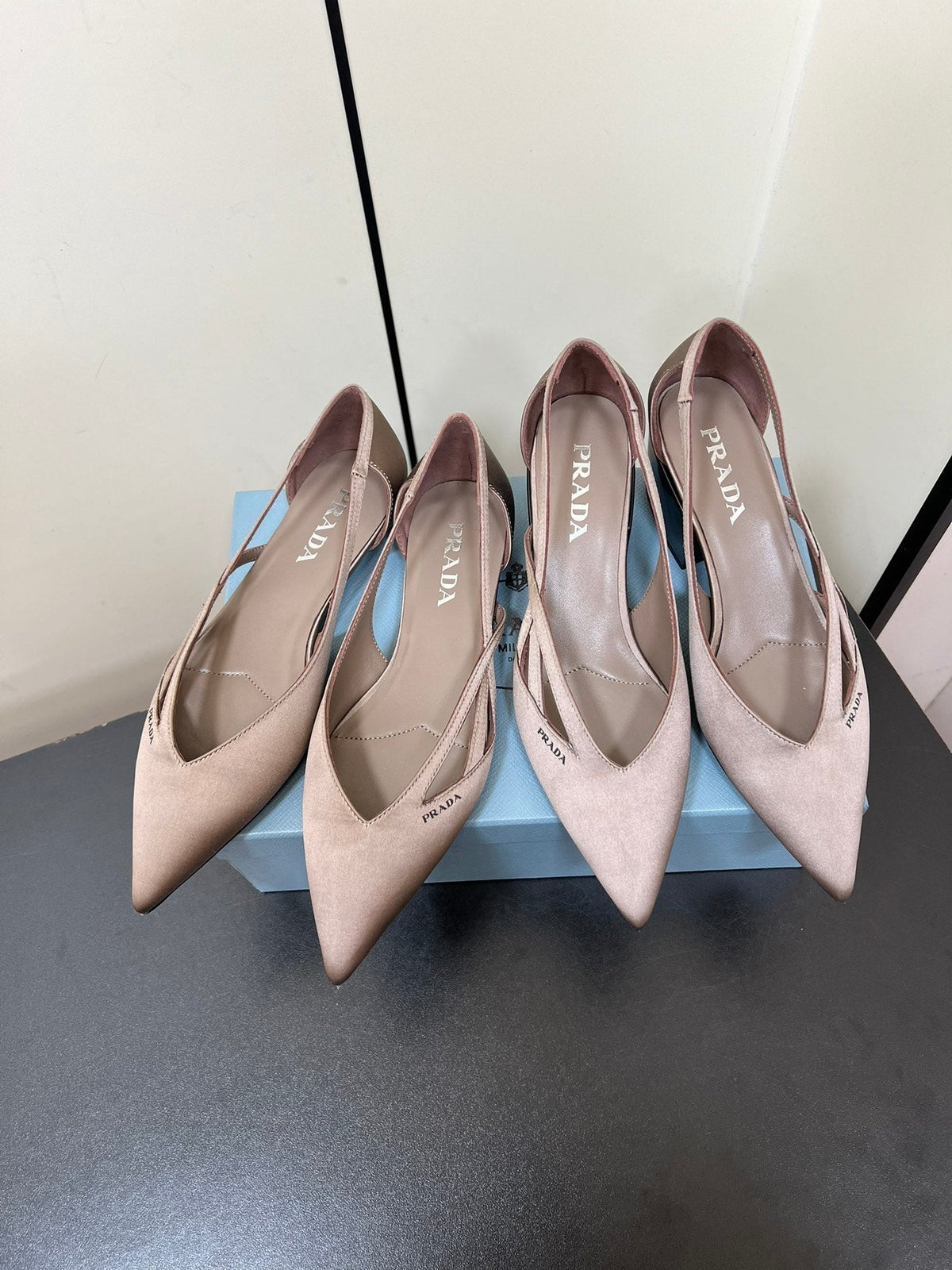 PRADA CUT-OUT BALLERINAS IN HAZELNUT BEIGE SATIN