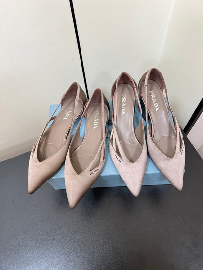 PRADA CUT-OUT BALLERINAS IN HAZELNUT BEIGE SATIN