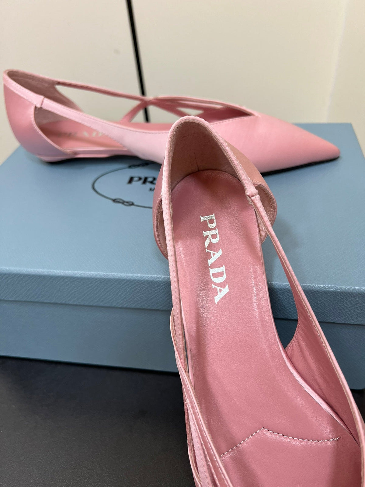 PRADA CUT-OUT BALLERINAS IN BABY PINK SATIN