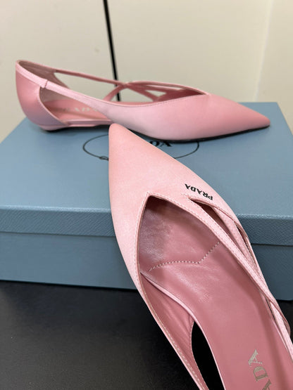 PRADA CUT-OUT BALLERINAS IN BABY PINK SATIN