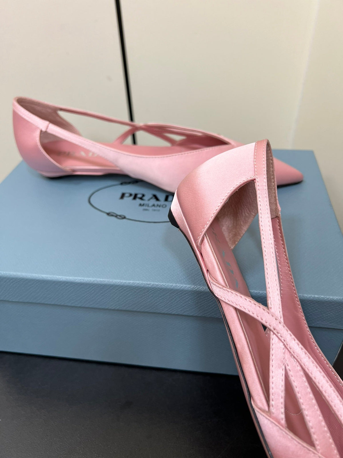 PRADA CUT-OUT BALLERINAS IN BABY PINK SATIN