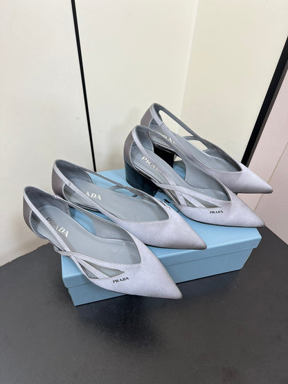 PRADA CUT-OUT BALLERINAS IN WARM GRAY SATIN