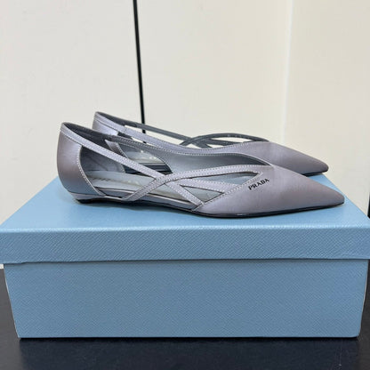PRADA CUT-OUT BALLERINAS IN WARM GRAY SATIN
