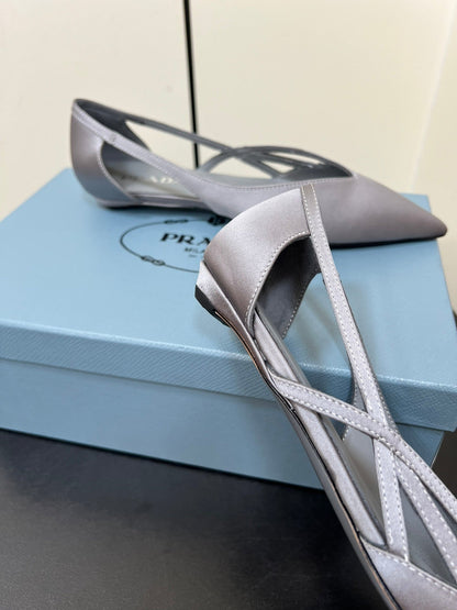 PRADA CUT-OUT BALLERINAS IN WARM GRAY SATIN