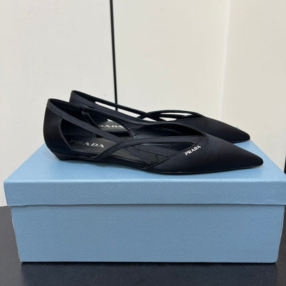 PRADA CUT-OUT BALLERINAS IN BLACK SATIN