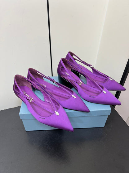 PRADA CUT-OUT BALLERINA FLAT IN VIOLET SATIN ATTACHED BEAD BUCKLE