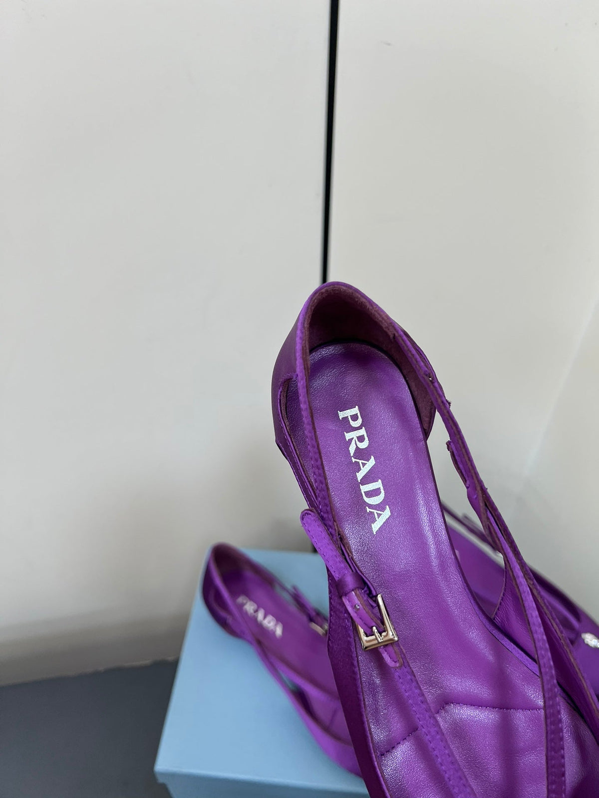 PRADA CUT-OUT BALLERINA FLAT IN VIOLET SATIN ATTACHED BEAD BUCKLE