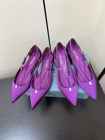 PRADA CUT-OUT BALLERINA FLAT IN VIOLET SATIN ATTACHED BEAD BUCKLE