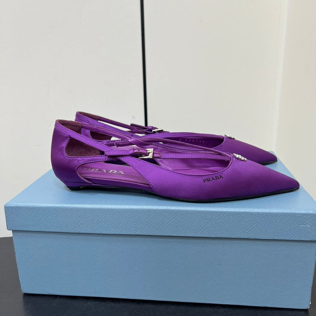 PRADA CUT-OUT BALLERINA FLAT IN VIOLET SATIN ATTACHED BEAD BUCKLE