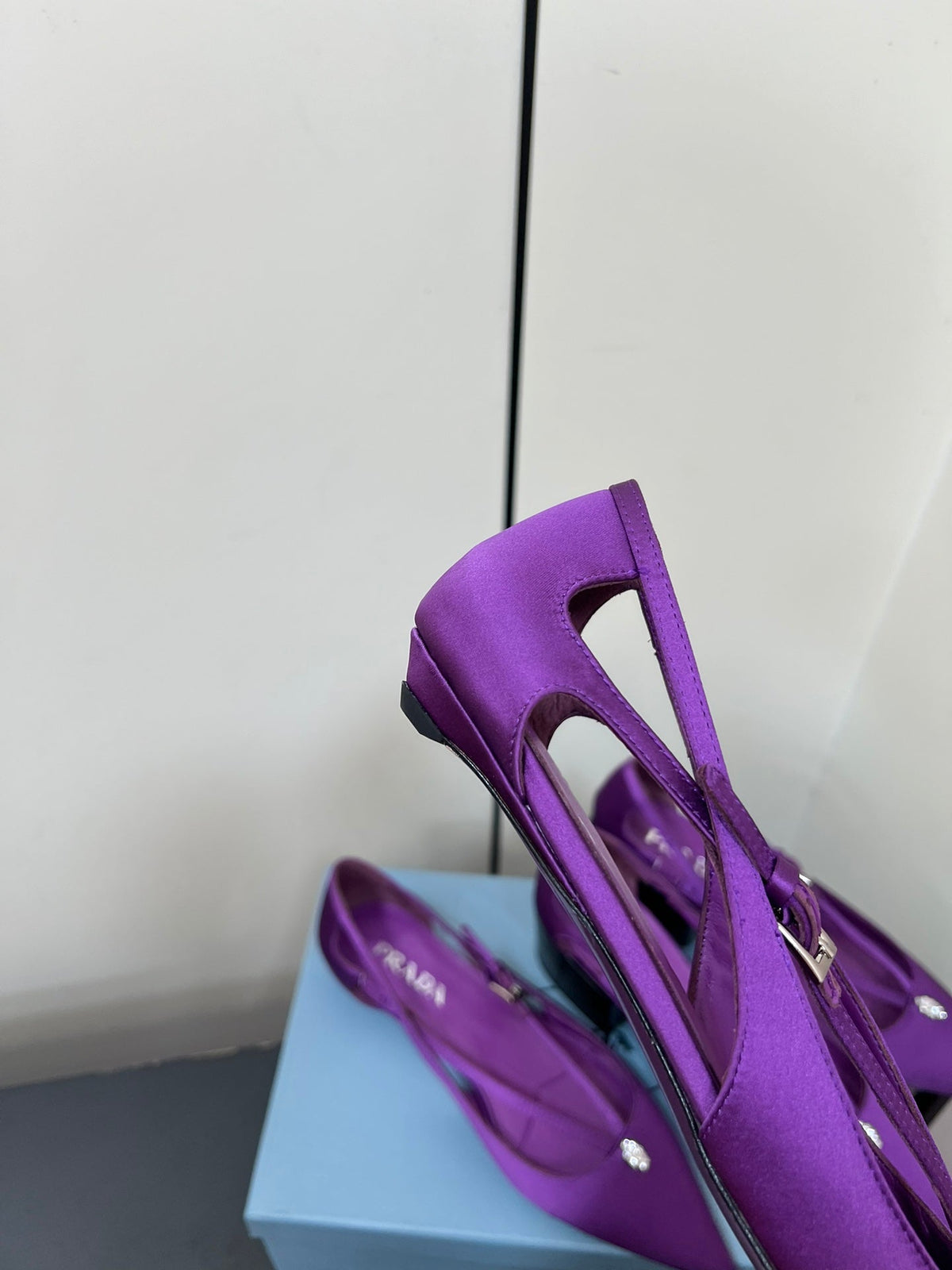 PRADA CUT-OUT BALLERINA FLAT IN VIOLET SATIN ATTACHED BEAD BUCKLE
