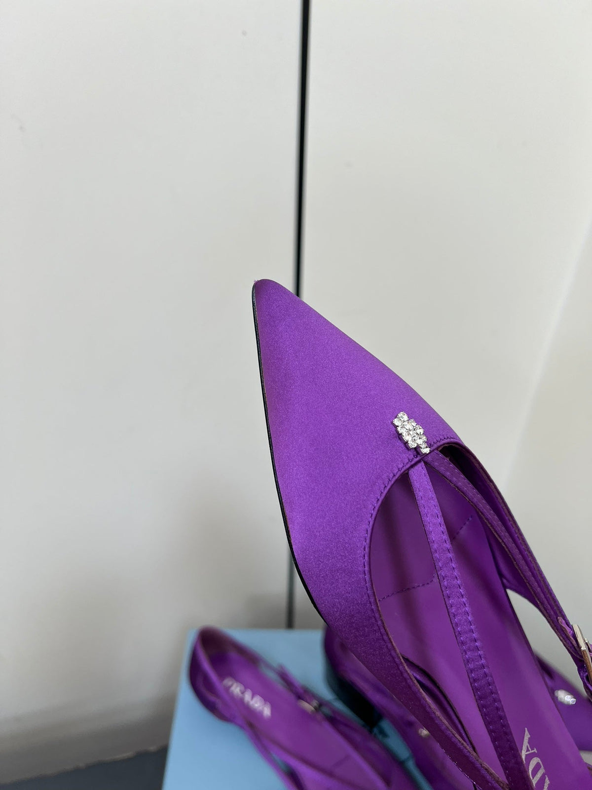 PRADA CUT-OUT BALLERINA FLAT IN VIOLET SATIN ATTACHED BEAD BUCKLE
