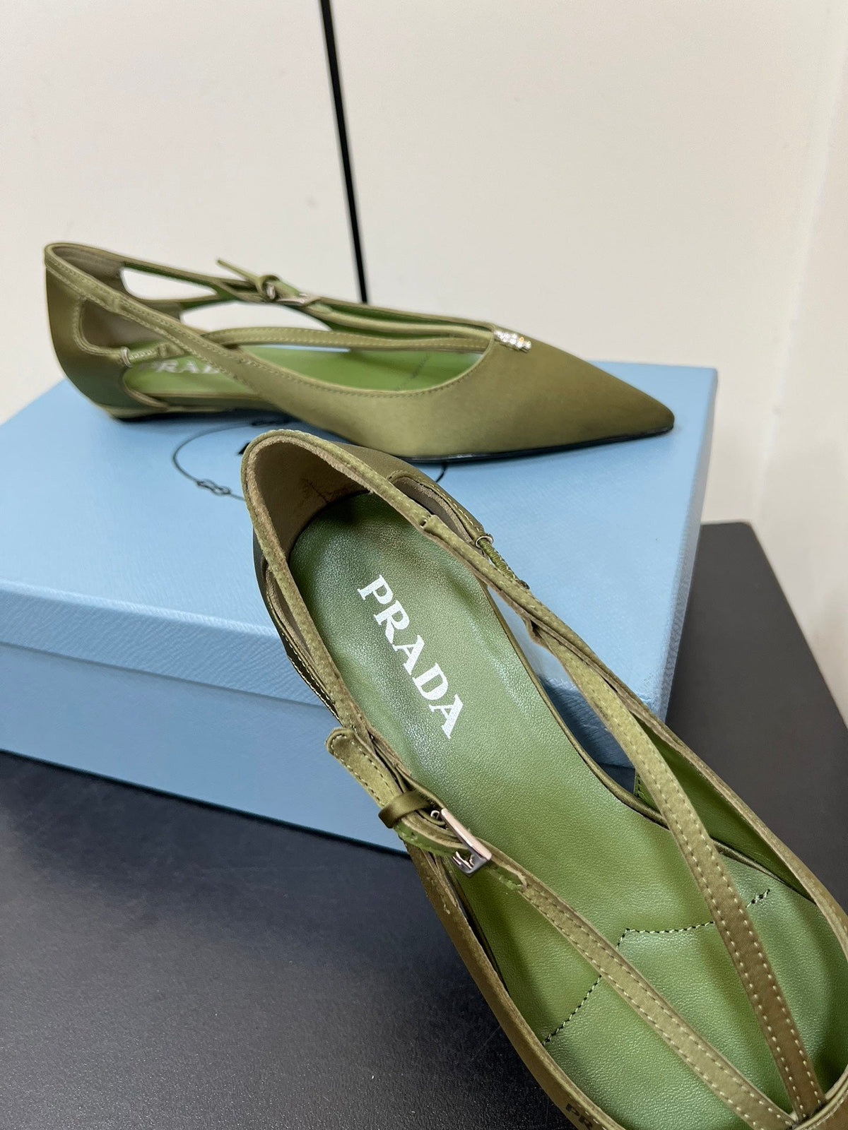 PRADA CUT-OUT BALLERINA FLAT IN OLIVE GREEN SATIN ATTACHED BEAD BUCKLE