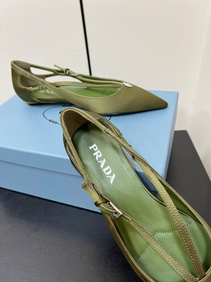 PRADA CUT-OUT BALLERINA FLAT IN OLIVE GREEN SATIN ATTACHED BEAD BUCKLE