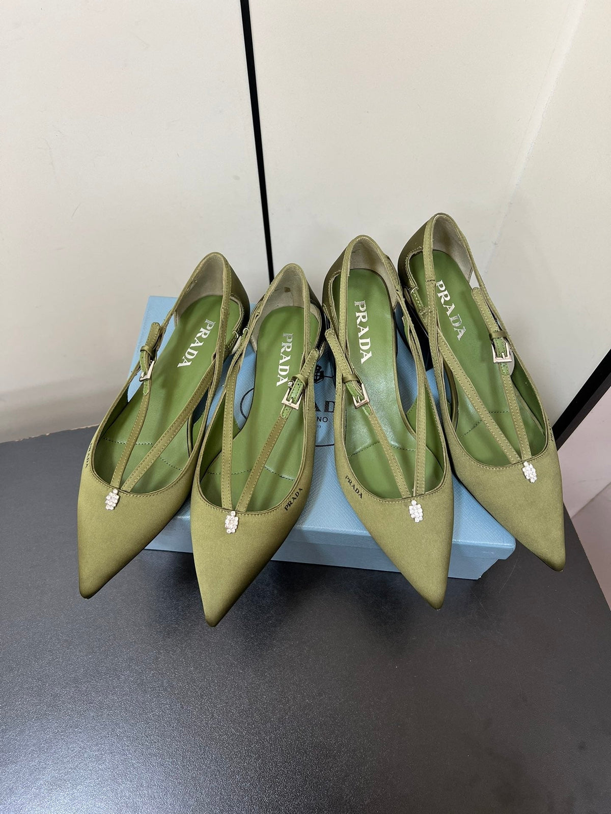 PRADA CUT-OUT BALLERINA FLAT IN OLIVE GREEN SATIN ATTACHED BEAD BUCKLE