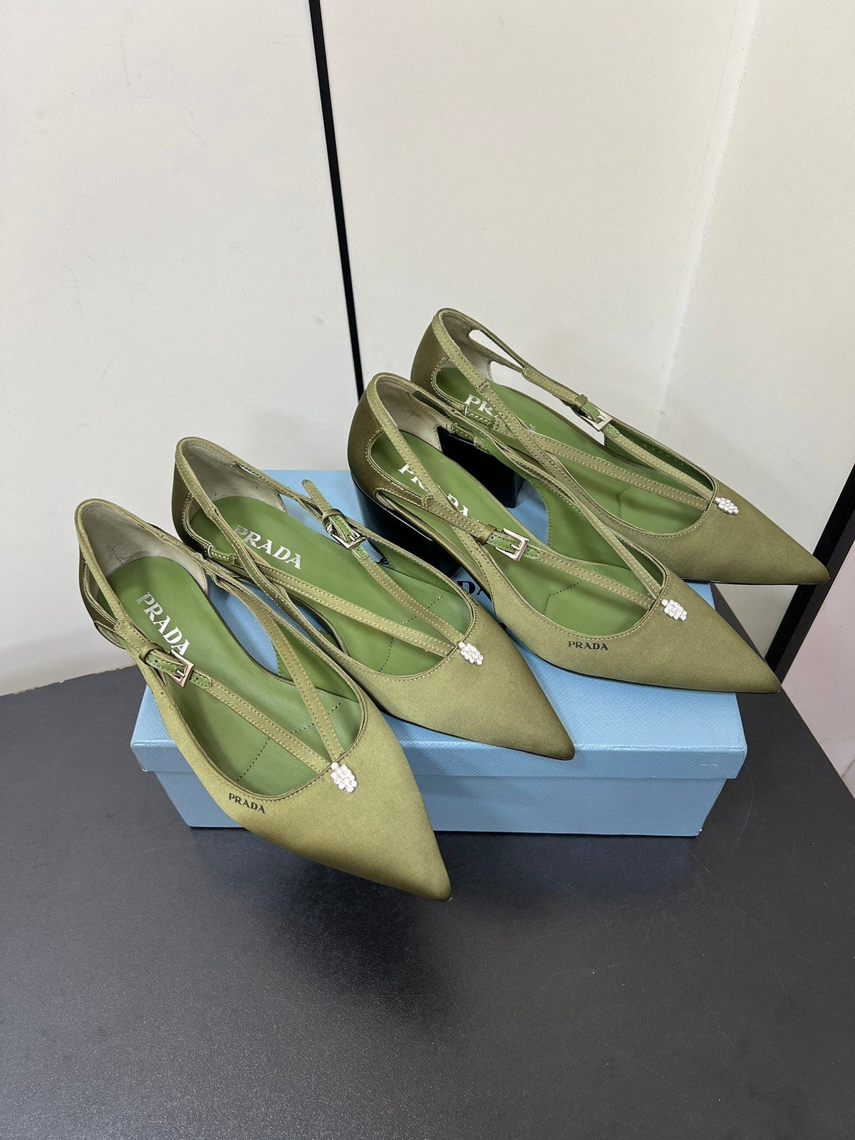 PRADA CUT-OUT BALLERINA FLAT IN OLIVE GREEN SATIN ATTACHED BEAD BUCKLE