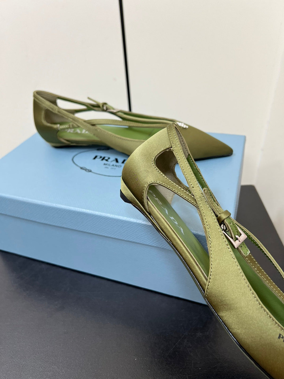 PRADA CUT-OUT BALLERINA FLAT IN OLIVE GREEN SATIN ATTACHED BEAD BUCKLE