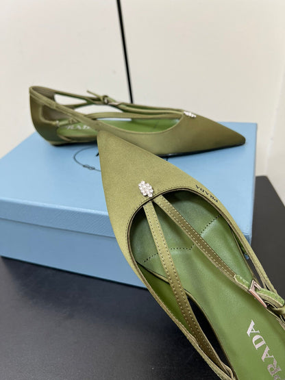 PRADA CUT-OUT BALLERINA FLAT IN OLIVE GREEN SATIN ATTACHED BEAD BUCKLE