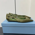 PRADA CUT-OUT BALLERINA FLAT IN OLIVE GREEN SATIN ATTACHED BEAD BUCKLE