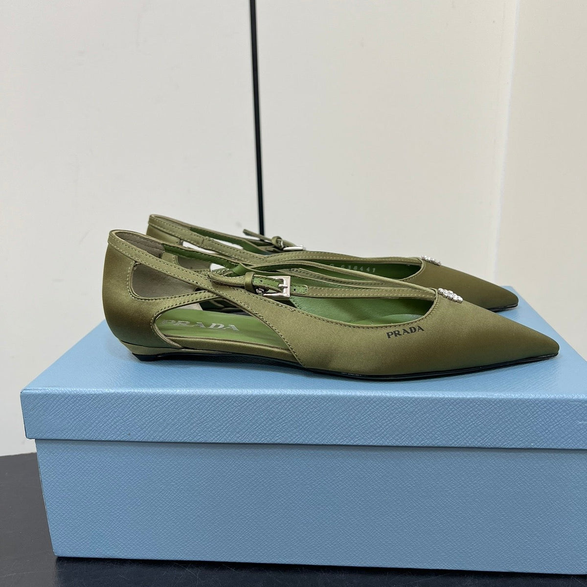 PRADA CUT-OUT BALLERINA FLAT IN OLIVE GREEN SATIN ATTACHED BEAD BUCKLE