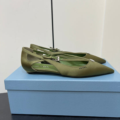 PRADA CUT-OUT BALLERINA FLAT IN OLIVE GREEN SATIN ATTACHED BEAD BUCKLE