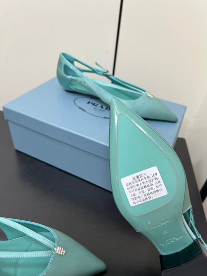 PRADA CUT-OUT BALLERINA FLAT IN TURQUOISE BLUE SATIN ATTACHED BEAD BUCKLE