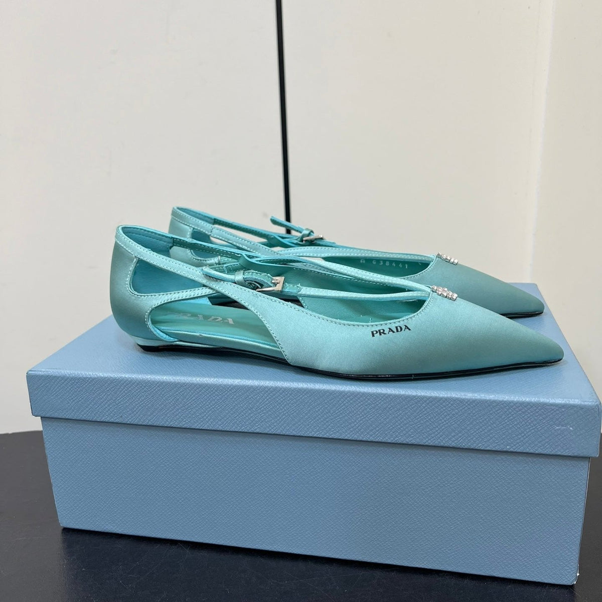PRADA CUT-OUT BALLERINA FLAT IN TURQUOISE BLUE SATIN ATTACHED BEAD BUCKLE