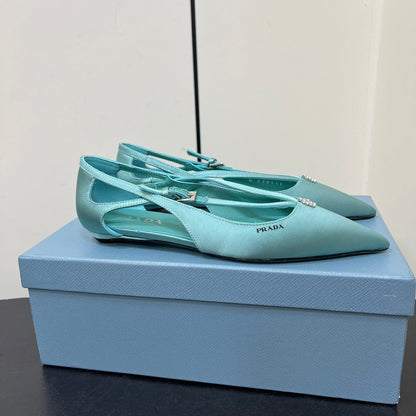 PRADA CUT-OUT BALLERINA FLAT IN TURQUOISE BLUE SATIN ATTACHED BEAD BUCKLE