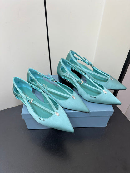 PRADA CUT-OUT BALLERINA FLAT IN TURQUOISE BLUE SATIN ATTACHED BEAD BUCKLE