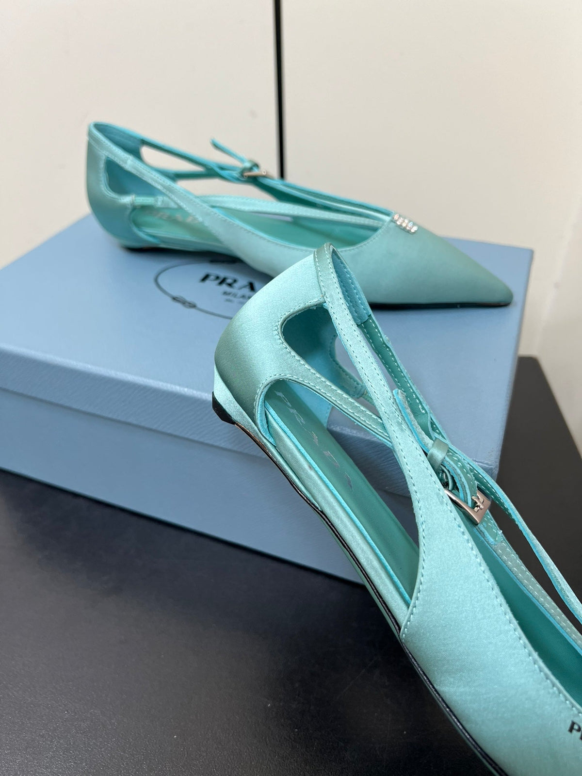 PRADA CUT-OUT BALLERINA FLAT IN TURQUOISE BLUE SATIN ATTACHED BEAD BUCKLE