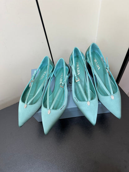 PRADA CUT-OUT BALLERINA FLAT IN TURQUOISE BLUE SATIN ATTACHED BEAD BUCKLE