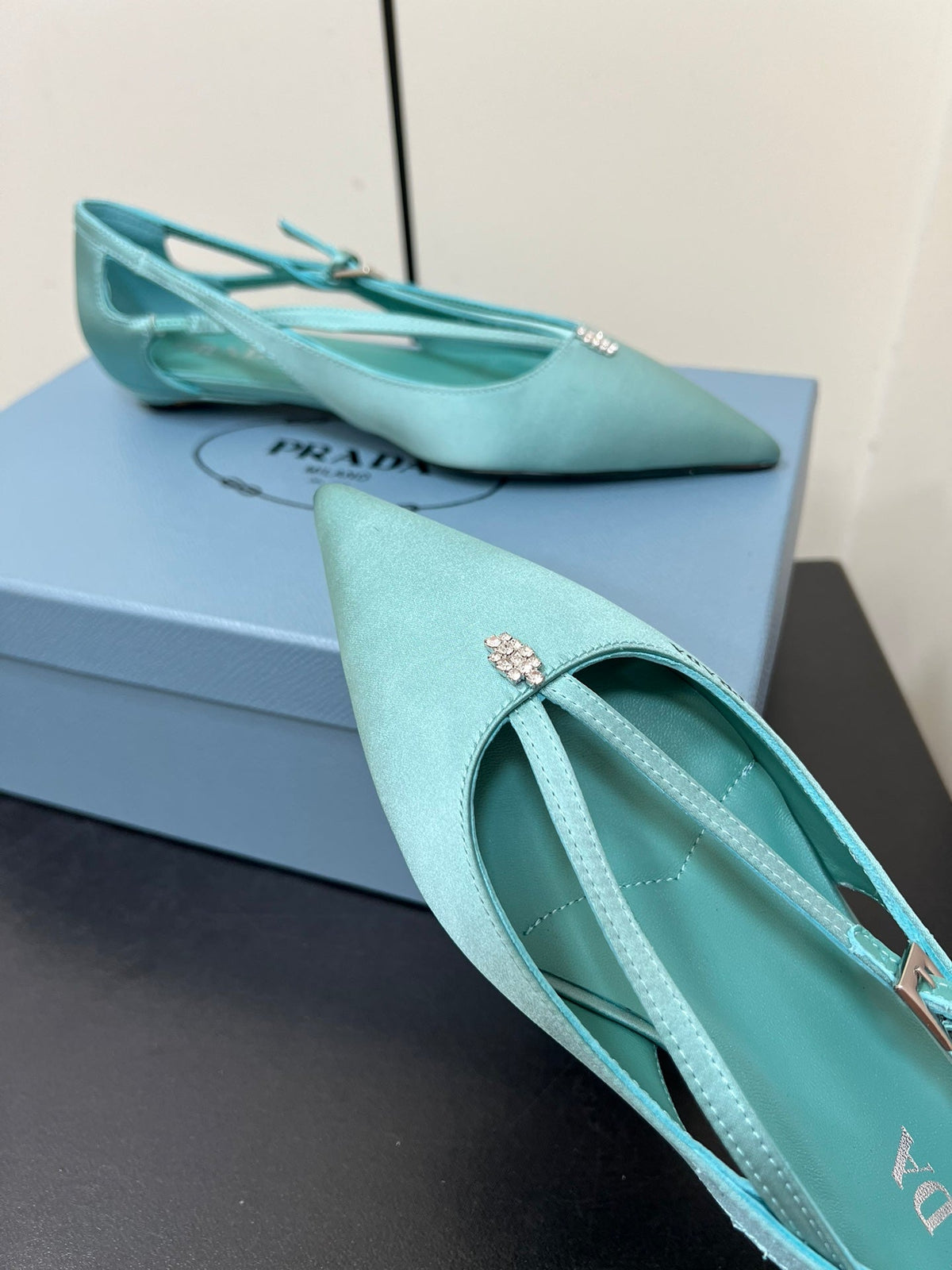 PRADA CUT-OUT BALLERINA FLAT IN TURQUOISE BLUE SATIN ATTACHED BEAD BUCKLE