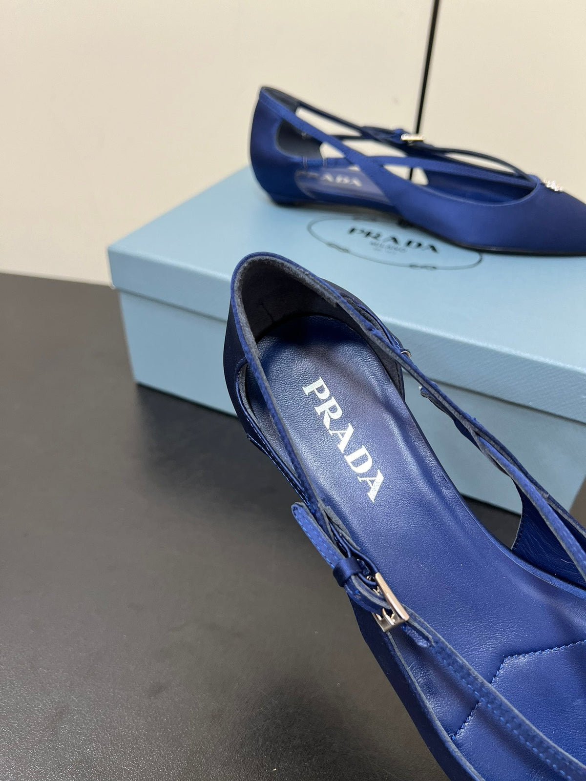PRADA CUT-OUT BALLERINA FLAT IN NAVY BLUE SATIN ATTACHED BEAD BUCKLE