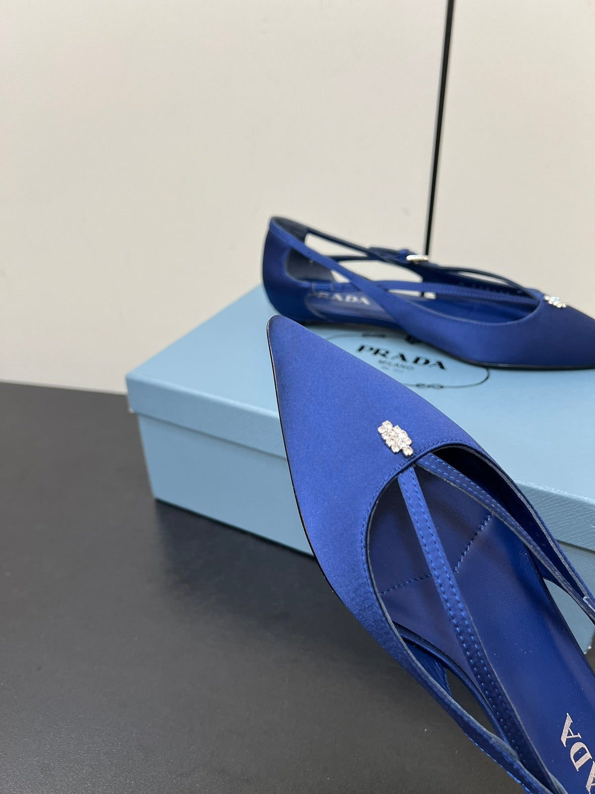 PRADA CUT-OUT BALLERINA FLAT IN NAVY BLUE SATIN ATTACHED BEAD BUCKLE