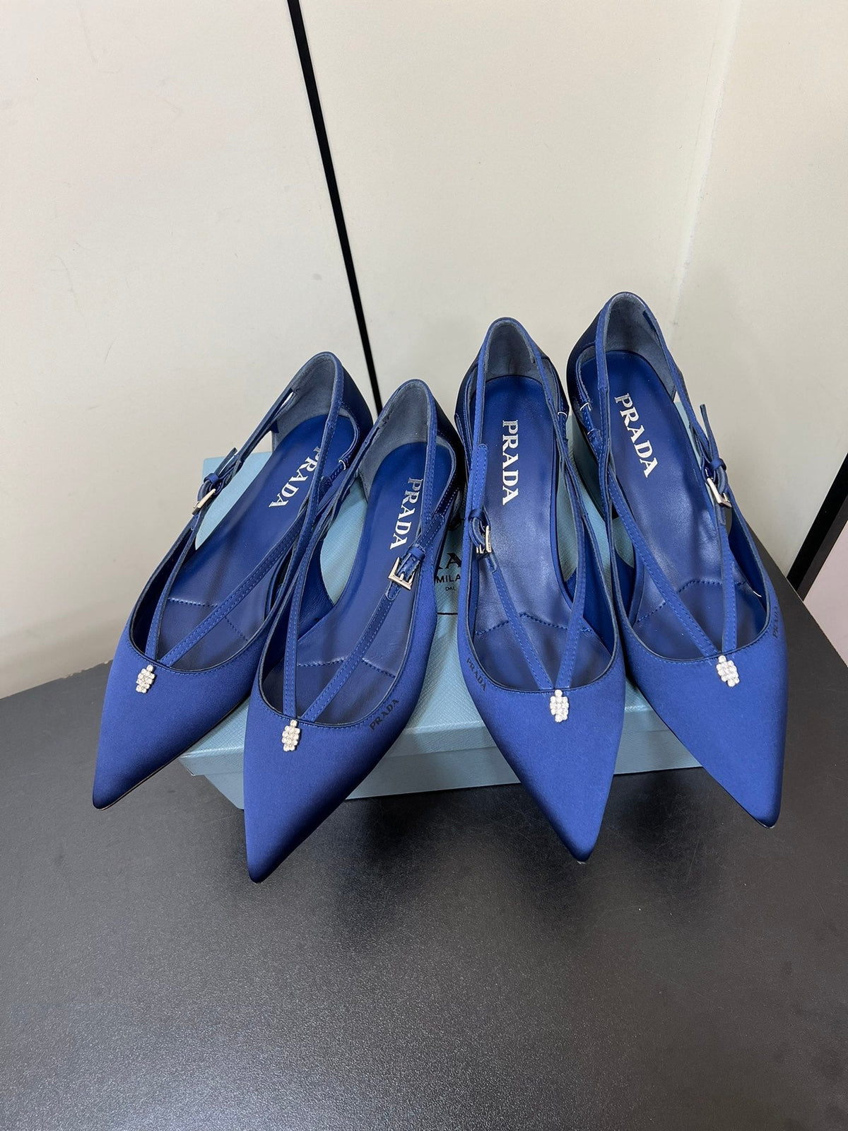 PRADA CUT-OUT BALLERINA FLAT IN NAVY BLUE SATIN ATTACHED BEAD BUCKLE