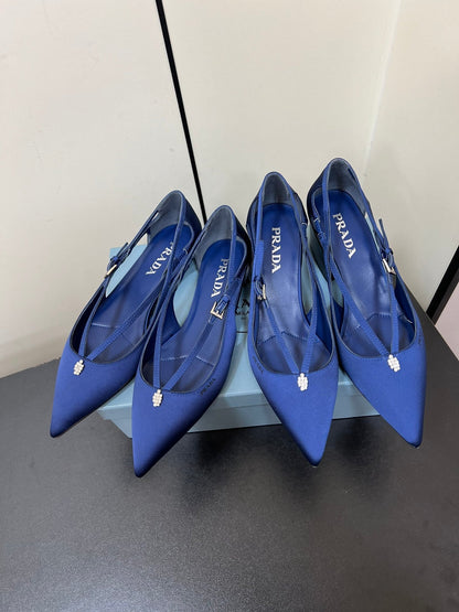 PRADA CUT-OUT BALLERINA FLAT IN NAVY BLUE SATIN ATTACHED BEAD BUCKLE